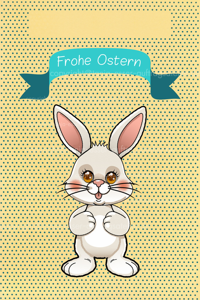 Hase Kuss | Grafik eines niedlichen hellen Hase mit glänzenden Augen. Deutscher Text: frohe Ostern. Copyspace in gelbem Feld oben. Gelber Hintergrund mit Petrol farbigen Punkten.
