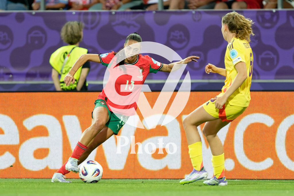 Portugal v Belgium: UEFA Women's EURO 2025 Group B | SION, SWITZERLAND - JULY 11: Fatima Pinto of Portugal (L) controls the ball under pressure from Jarne Teulings of Belgium (R)   during the UEFA Women's EURO 2025 Group B match between Portugal and Belgium at Stade de Tourbillon on July 11, 2025 in Sion, Switzerland. (Photo by Giuseppe Velletri/Sports Press Photo/Getty Images)