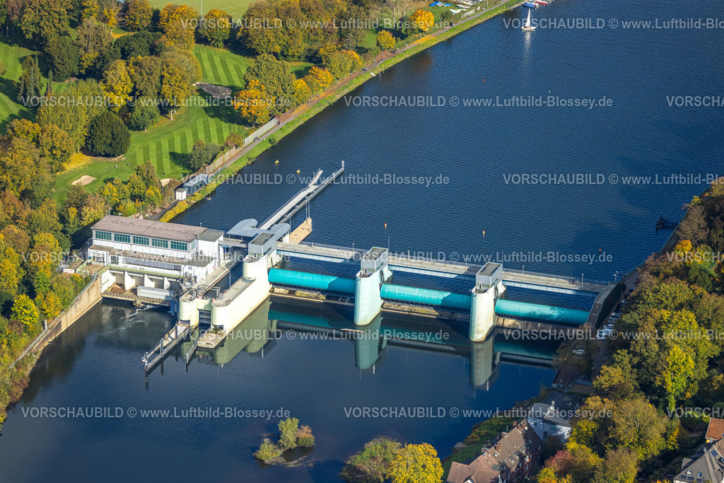 Essen251002692Sued | Luftbild, Baldeneysee mit Stauwehr RWE Wasserkraftwerk Baldeney, Werden, Essen, Ruhrgebiet, Nordrhein-Westfalen, Deutschland