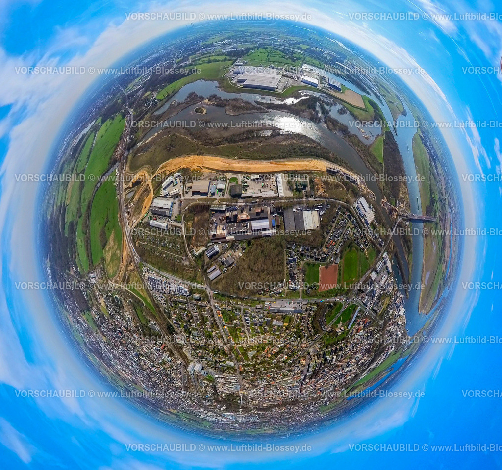 Wesel240390063Suedumgehung_B58n | Luftbild, Lippemündungsraum Naturschutzgebiet und Baustelle Südumgehung B58n, Erdkugel, Fisheye Aufnahme, Fischaugen Aufnahme, 360 Grad Aufnahme, tiny world, little planet, fisheye Bild, Wesel, Nordrhein-Westfalen, Deutschland