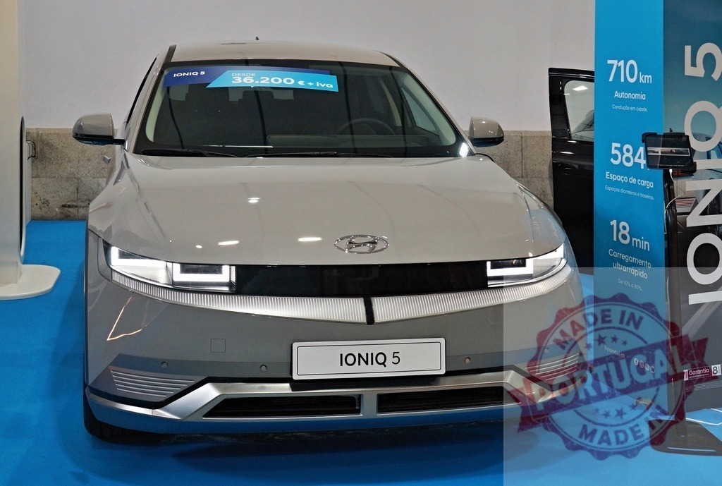 Hyundai Ioniq 5 electric car displayed at exhibition | Hyundai Ioniq 5 electric vehicle showcased at an event promoting sustainable mobility - Realized with Pictrs.com