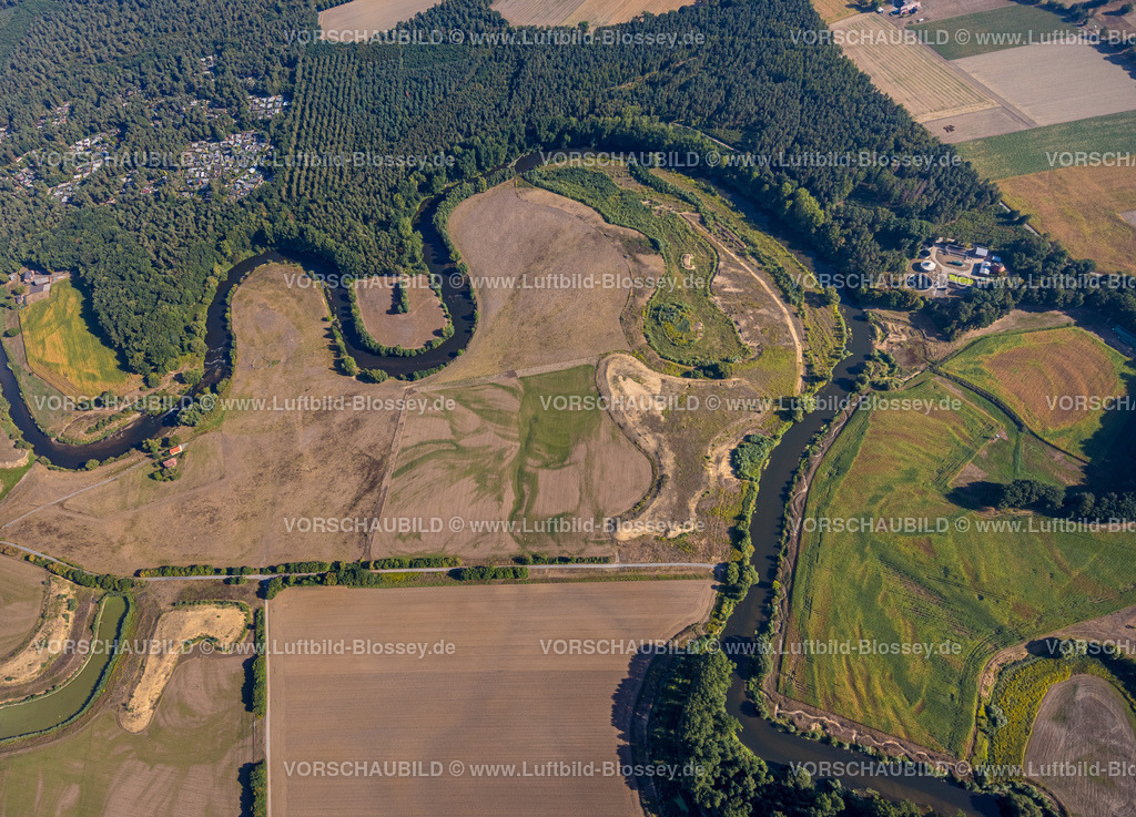 Olfen220805869LippeVogelsang | Luftbild, Fluss Lippe Mäander, Lippeschleife, Fluss- und Auenentwicklung der Lippe Vogelsang, Renaturierung, Stadtgrenze Olfen-Datteln, Olfen-Kirchspiel, Olfen, Ruhrgebiet, Nordrhein-Westfalen, Deutschland