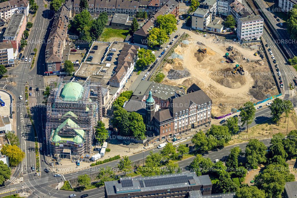 Essen250507538 | Luftbild, Alte Synagoge Essen Sanierung mit Baugerüst, Edmund-Körner-Platz, Baustelle Verwaltungscampus Steeler Tor, Stadtkern, Essen, Ruhrgebiet, Nordrhein-Westfalen, Deutschland