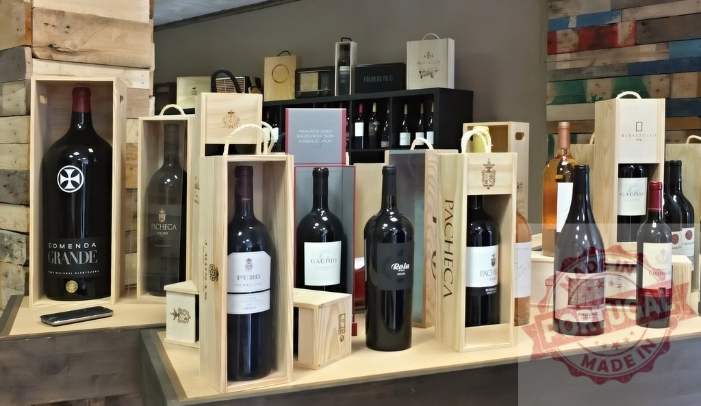 Wine collection displaying in wooden gift boxes | Numerous wine bottles presenting in a retail store or winery cellar - Realized with Pictrs.com