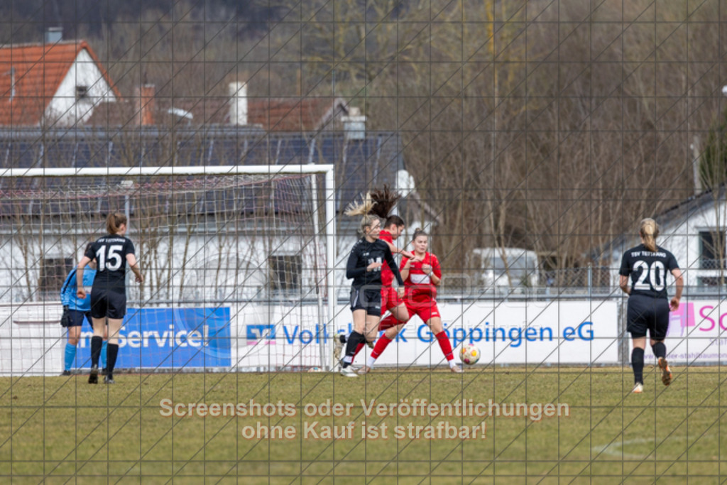 20250223_130914_0034 | #,1.FC Donzdorf (rot) vs. TSV Tettnang (schwarz), Fussball, Frauen-WFV-Pokal Achtelfinale, Saison 2024/2025, Rasenplatz Lautertal Stadion, Süßener Straße 16, 73072 Donzdorf, 23.02.2025 - 13:00 Uhr,Foto: PhotoPeet-Sportfotografie/Peter Harich