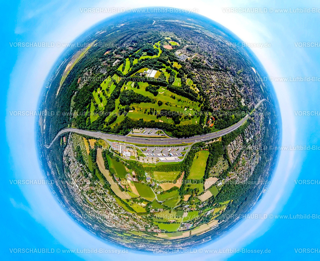 Gelsenkirchen240890568A2RaststaetteResserMark_GolfHausLeithe | Luftbild, Autobahn Raststätte Resser Mark an der Autobahn A2, Golfplatz Gelsenkirchener Golfclub Haus Leythe, Erdkugel, Fisheye Aufnahme, Fischaugen Aufnahme, 360 Grad Aufnahme, tiny world, little planet, fisheye Bild, Resser Mark, Gelsenkirchen, Ruhrgebiet, Nordrhein-Westfalen, Deutschland