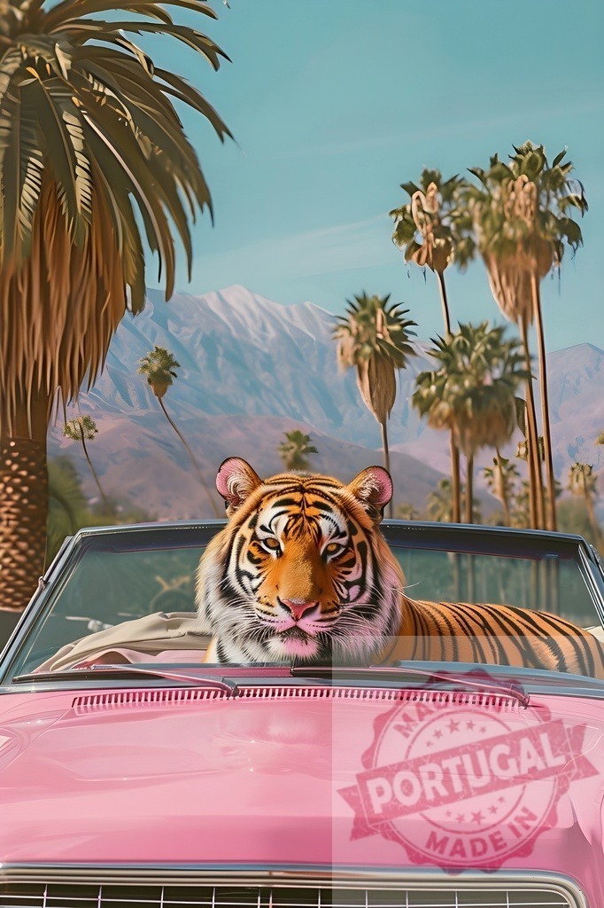 Tiger enjoying a ride in a pink convertible car in Palm Springs | Tiger resting on a pink convertible car, enjoying a sunny day surrounded by palm trees and mountains in Palm Springs - Realized with Pictrs.com