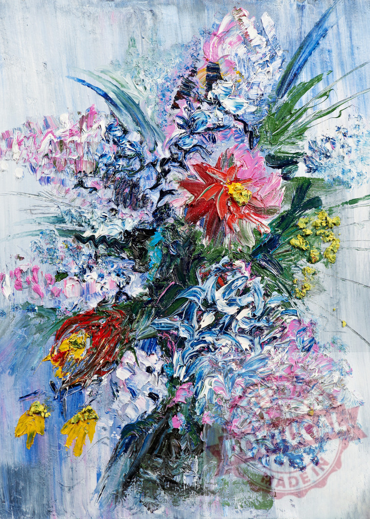 Colorful impasto flowers painting bursting with life and energy | Oil painting of a vibrant bouquet of flowers, showcasing an impasto technique with thick brushstrokes and vivid colors - Realized with Pictrs.com