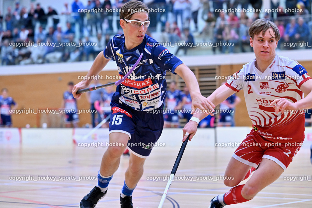 VSV Unihockye vs. KAC Floorball | #15 Tristan Bogataj VSV Unihockey, #2 Mitja Beuthe KAC Floorball, VSV Unihockye vs. KAC Floorball, VSV Unihockye vs. KAC Floorball am 13.04.2025 in Villach (Ballspielhalle St. Martin), Austria, (Photo by Bernd Stefan)