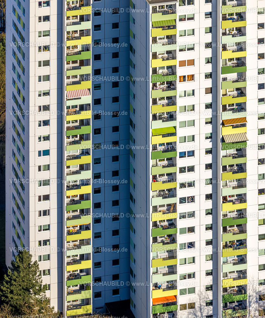 Hagen250303172-2 | Luftbild, Hochhaus Wohnsiedlung Pappelstraße mit farbigen Balkonen, Formen und Farben, Boele, Hagen, Ruhrgebiet, Nordrhein-Westfalen, Deutschland