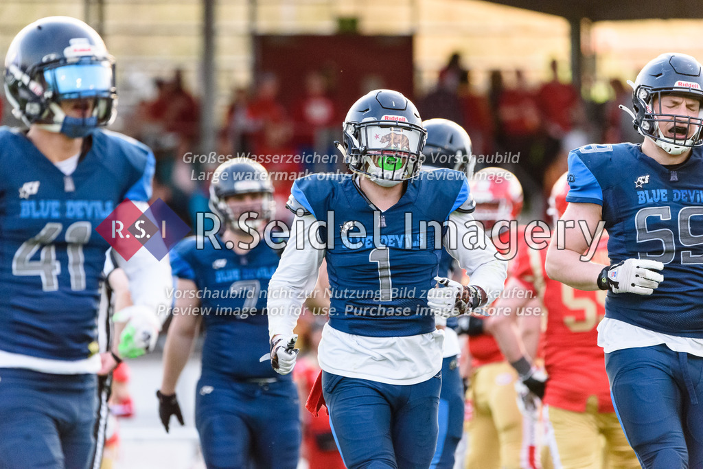 American Football, Pre-Season 2023, Testspiel, Lübeck Cougars - Hamburg Blue Devils, Buniamshof (Lübeck), 22.04.2023 | Benjamin Laurenz Schümann (#1, Blue Devils)