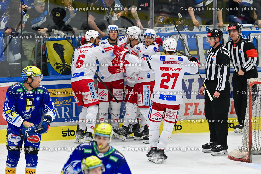 EC IDM Wärmepumpen VSV vs. EC KAC 7.3.2023 | Jubel EC KAC Mannschaft, #6 Lessio Lucas, #28 Joslin Derek, #27 Hundertpfund Thomas, SMETANA LADISLAV, DURMIS OTO, Referees