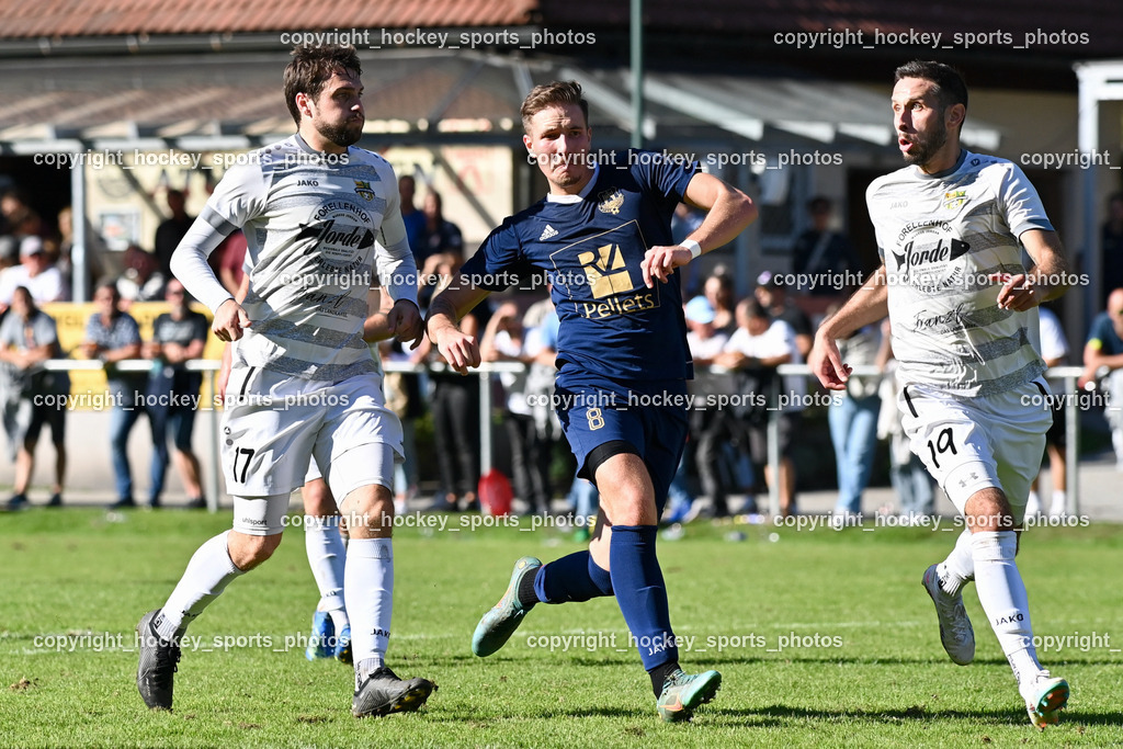 ATUS Velden vs. ASKÖ Köttmannsdorf 7.10.2023 | #17 Stephan Borovnik (K) Köttmannsdorf, #8 Fabian Kopeinig ATUS Velden, #19 Christopher Sallinger Köttmannsdorf, ATUS Velden vs. ASKÖ Köttmannsdorf 7.10.2023, ATUS Velden vs. ASKÖ Köttmannsdorf am 07.10.2023 in Velden (Wald Arena Velden), Austria, (Photo by Bernd Stefan)