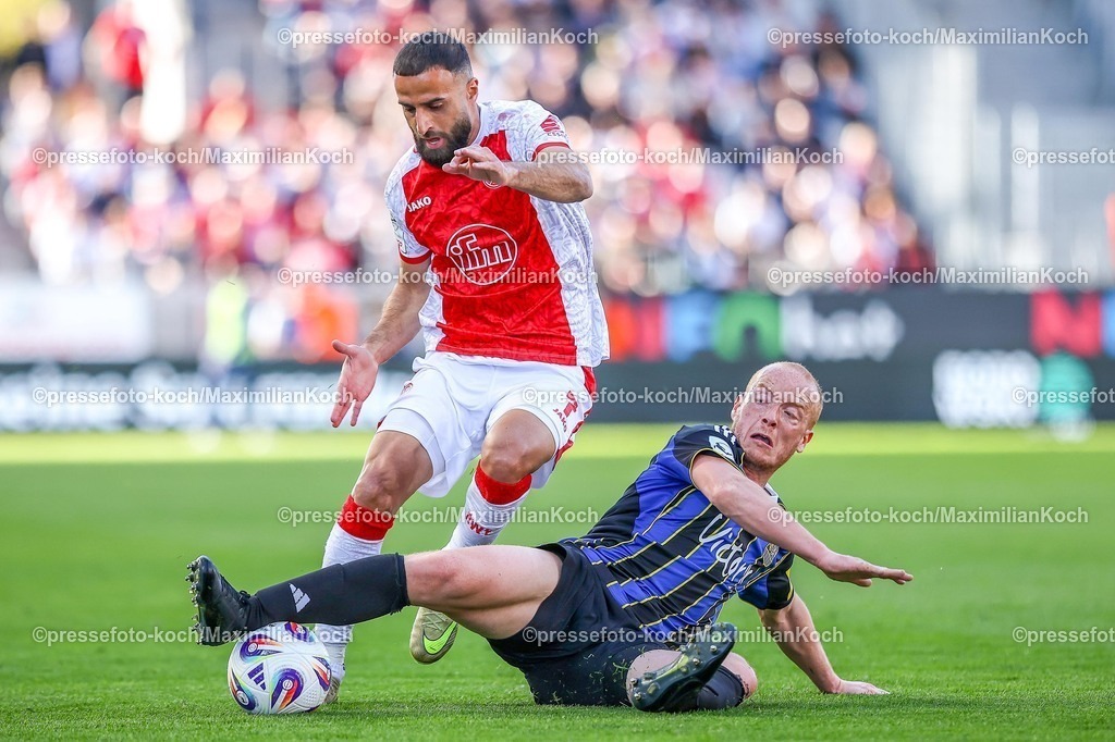xKWIx26042601035 | 2026.04.26, xkwix, Fußball, 3.Liga, Rot-Weiss Essen - 1. FC Saarbrücken, Stadion an der Hafenstraße, 35.Spieltag, Saison 2025 / 2026: Sebastian Vasiliadis (1. FC Saarbrücken #19) ringt im Zweikampf Ramien Safi (Rot-Weiss Essen #7) nieder DFB regulations prohibit any use of photographs as image sequences and or quasi-video. Photo: xKamilxWilkowskixPressefotoKochx