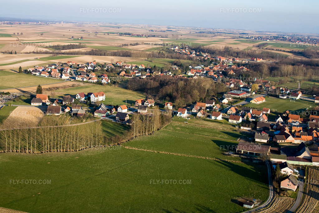 Aerial view: View of the town from the east in Riedseltz in the state Bas-Rhin, France. – Photo: IMG_17503.jpg taken on 03/21/2009 by Werner Riehm/FLY-FOTO.com – Resolution of the original: 4272 x 2848 px