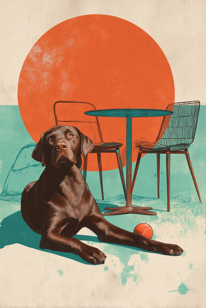 Poster: Urban Labs – Café-Gelassenheit – Labrador vor Café-Möbeln | Minimalistische Café-Szene mit entspanntem Labrador, grafischen Möbeln und warmem Farbkonzept. - Realisiert mit Pictrs.com