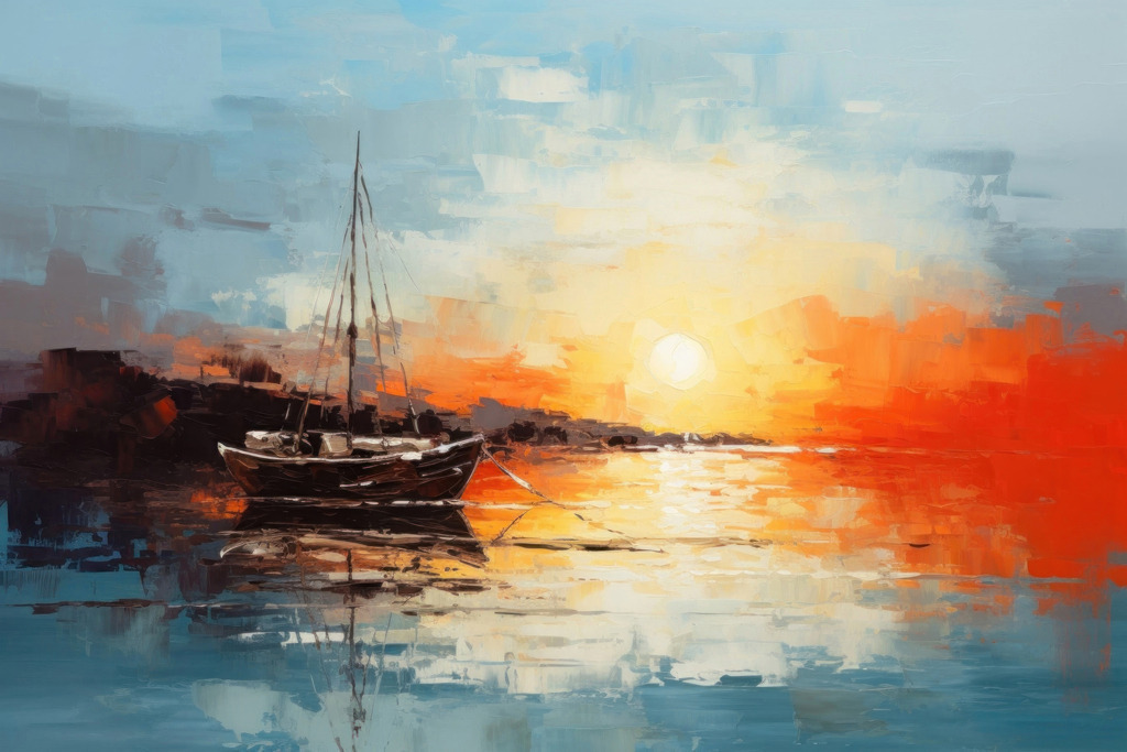 2401043 - Segelboot bei Sonnenuntergang | Ein Segelboot bei einem stimmungsvollen Sonnenuntergang im Stil eines Gemäldes.