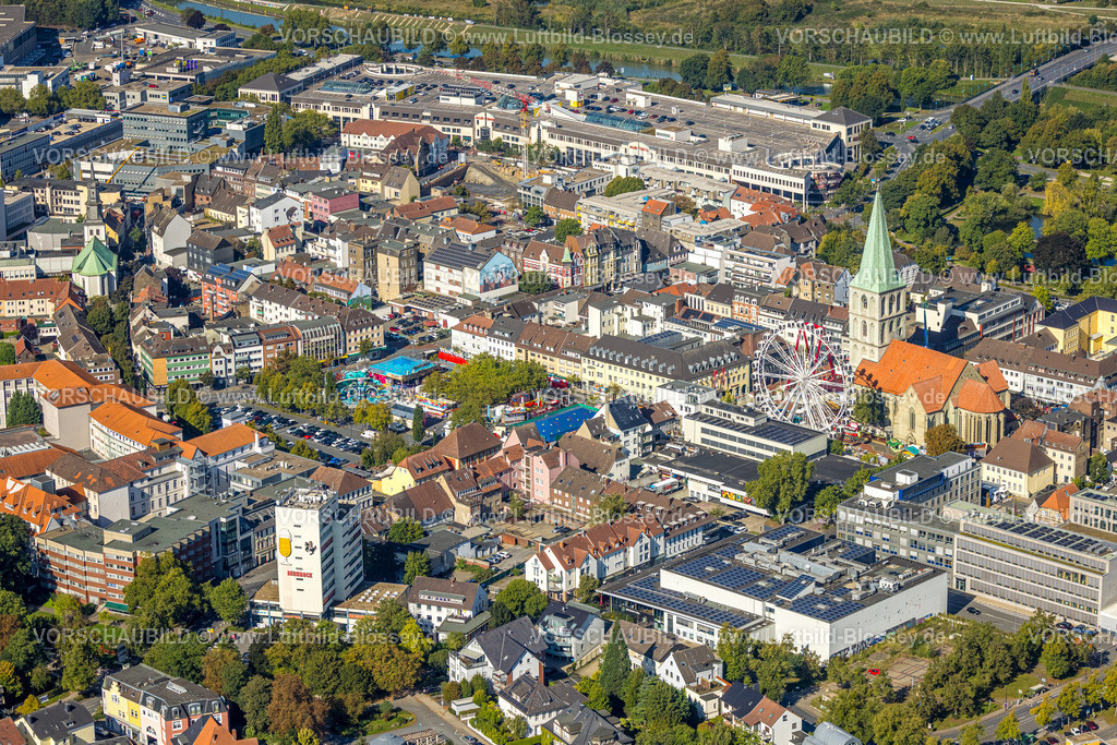 Hamm250901829 | Luftbild, City Innenstadtansicht mit evang. Pauluskirche, Stadtfest mit Riesenrad, Allee-Center, Mitte, Hamm, Ruhrgebiet, Nordrhein-Westfalen, Deutschland