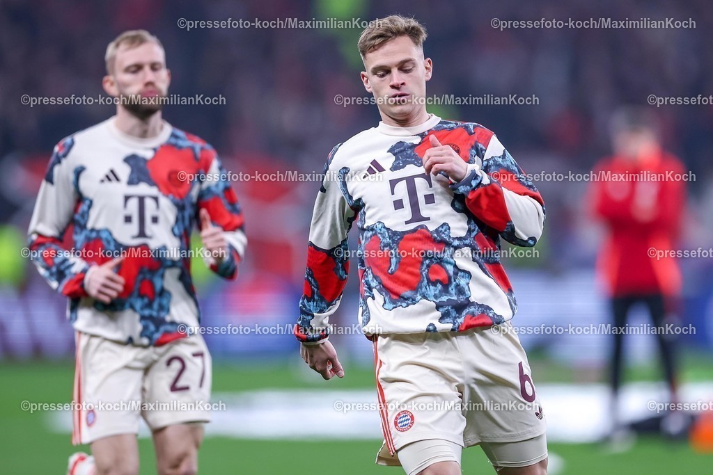 UCL11032502157 | 11.03.2025, Fußball, UEFA Champions League, Bayer 04 Leverkusen - FC Bayern München, Achtelfinale Rückspiel, BayArena, Saison 2024 2025: Joshua Kimmich (FC Bayern #6)DFB regulations prohibit any use of photographs as image sequences and or quasi-video.
