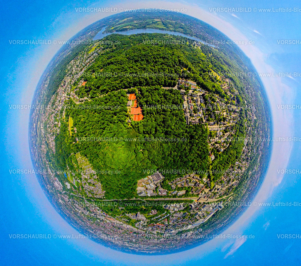 Essen250590037Stadtwald | Luftbild, Stadtwald zwischen Autobahn A52 und Baldeneysee, Naherholungsgebiet, Erdkugel, Fisheye Aufnahme, Fischaugen Aufnahme, 360 Grad Aufnahme, tiny world, little planet, fisheye Bild, Stadtwald, Essen, Ruhrgebiet, Nordrhein-Westfalen, Deutschland