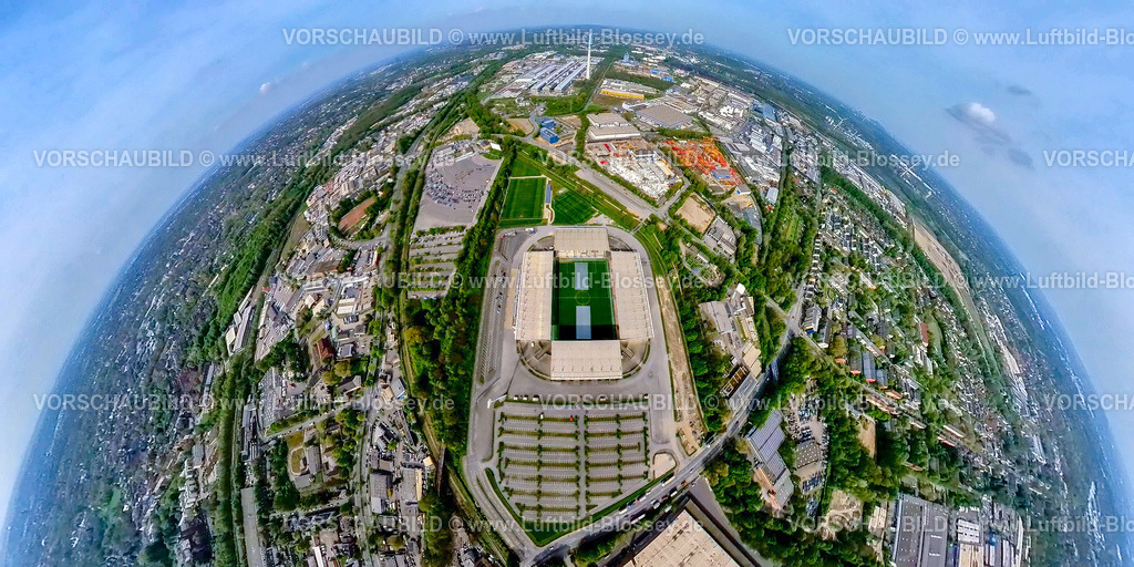 Essen240490059_RWE-StadionHafenstrasse | Luftbild, RWE Fußballstadion an der Hafenstraße des Clubs Rot-Weiss Essen, DRIVE IN Autokino Essen, PKW Parkplatz, hinten Gewerbegebiet Bergeborbeck mit Trimet Aluminium SE, Erdkugel, Fisheye Aufnahme, Fischaugen Aufnahme, 360 Grad Aufnahme, tiny world, little planet, fisheye Bild, Bergeborbeck, Essen, Ruhrgebiet, Nordrhein-Westfalen, Deutschland