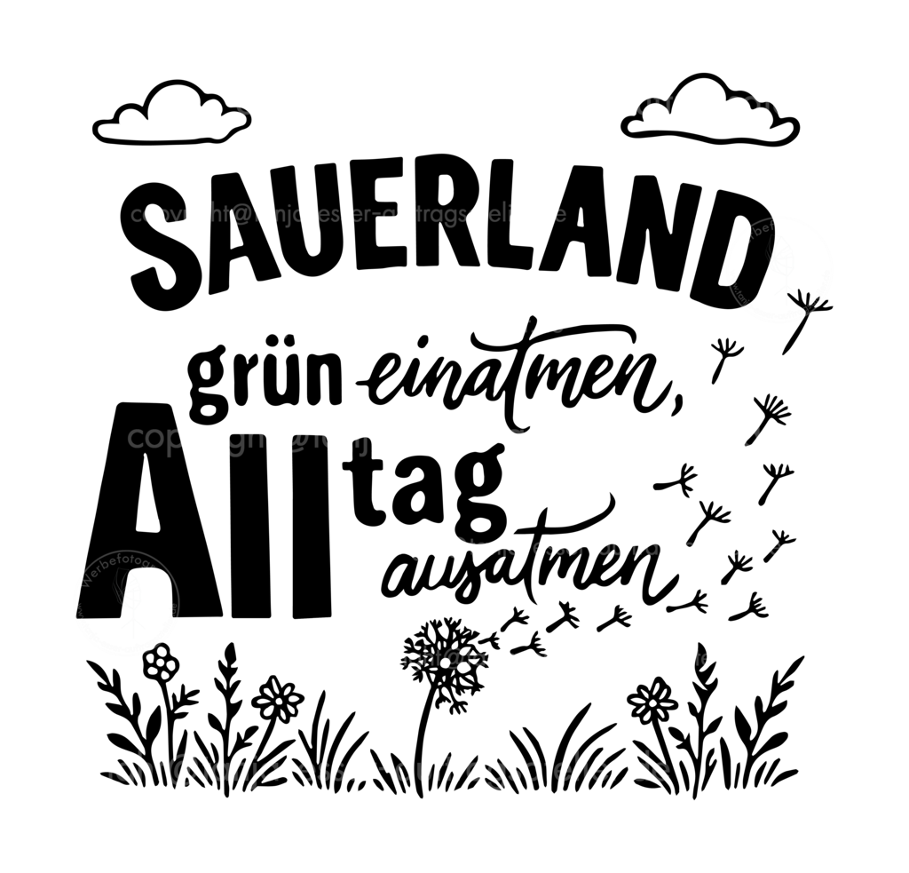Spruch über die Erholung im Sauerland als Handlettering auf transparentem Hintergrund | Ein Handlettering mit deutschem Text: Sauerland – grün einatmen, Alltag ausatmen. Doodle Illustrationen zeigen Gräser und Pusteblumen. Die schwebenden Pollen erinnern an Luft und somit an Atmen. Schwerelos, leicht, fröhlich.