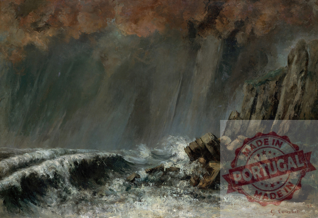 Gustave Courbet Courbet seascape painting portraying a turbulent storm at sea | Oil painting depicting a stormy seascape with rain falling on crashing waves and rugged cliffs - Realisiert mit Pictrs.com