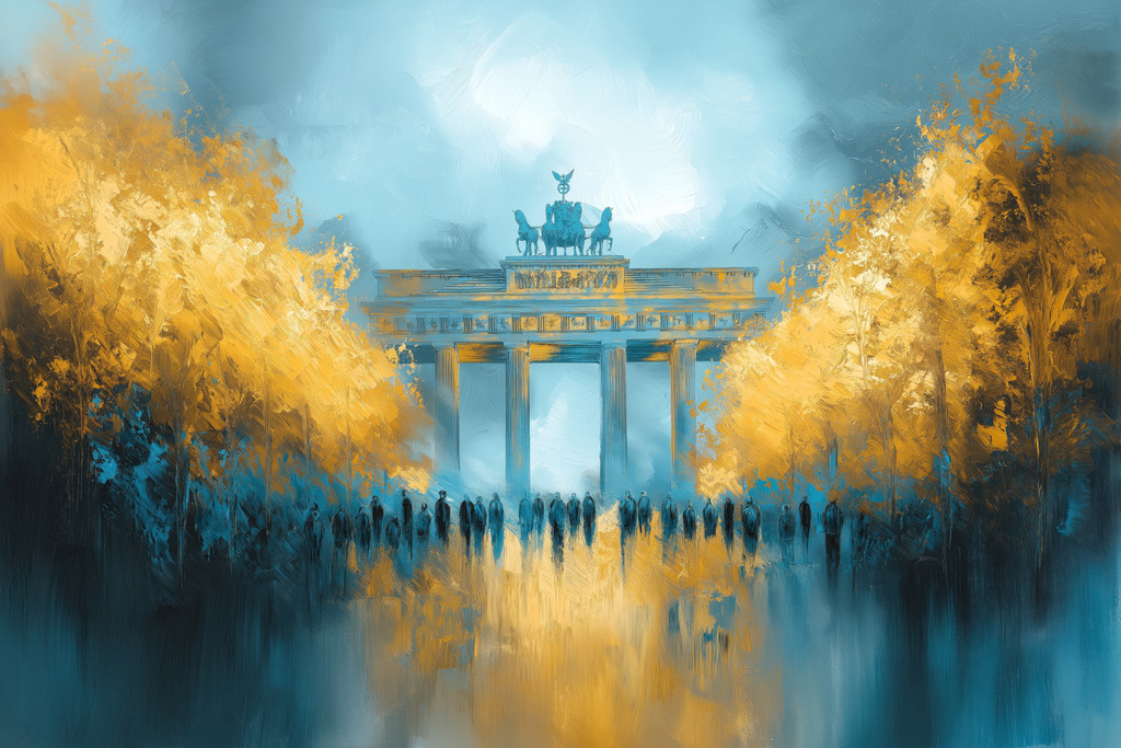 2501034 - Brandenburger Tor in blau und gold | Das Brandenburger Tor im Stil eines modernen Gemäldes.