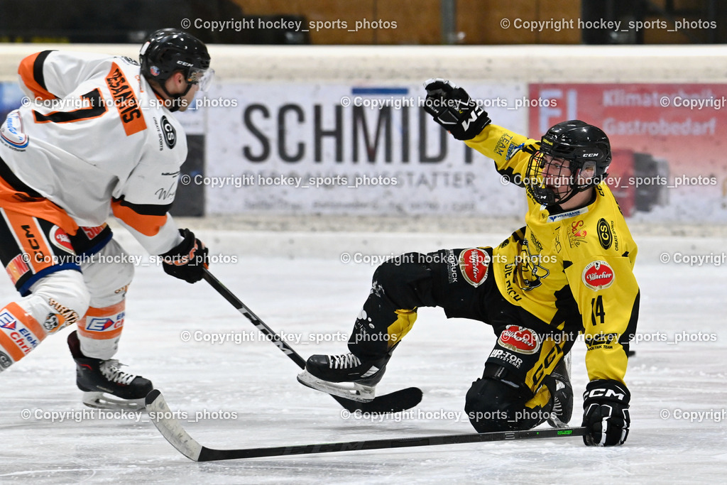 EC Hornets Spittal vs. USC Piraten Velden 18.2.2024 | #7 DeSantis lason USC Velden, #14 Stele Florian EC Hornets Spittal, EC Hornets Spittal vs. USC Piraten Velden 18.2.2024, EC Hornets Spittal vs. USC Piraten Velden 18.2.2024 am 18.02.2024 in Spittal an der Drau (Eissportzentrum Spittal), Austria, (Photo by Bernd Stefan)