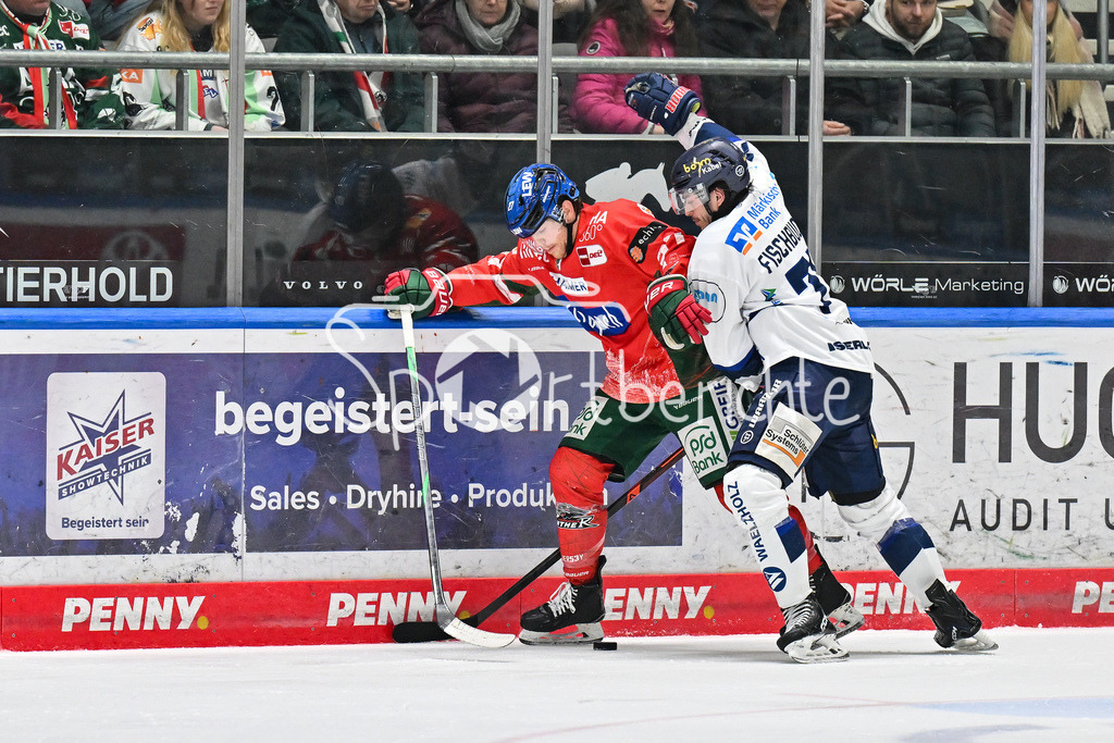 Augsburger Panther - Iserlohn Roosters | AUGSBURG, GERMANY - 06. JANUARY: im Duell Kyle MAYHEW (Augsburger Panther 27) und Daniel FISCHBUCH (Iserlohn Roosters 71) während dem Match zwischen den Augsburger Panthern und den Iserlohn Roosters am 37. Spieltag der Penny DEL im Curt Frenzel Stadion