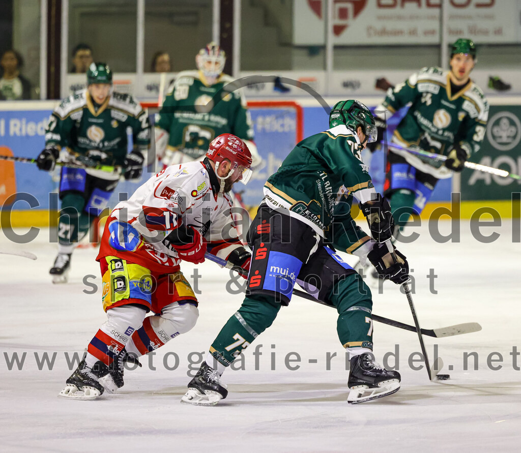 2026-02-20_128_TSV_Erding_gegen_Deggendorfer_SC | Erding, Deutschland, 20.02.2026:Eishockey, Oberliga Süd 2025 / 2026, 49. Spieltag, TSV Erding gegen Deggendorfer SC, Endergebnis: 4:1Curtis Leinweber (Deggendorfer SC, #11), Pascal Steck (Erding Gladiators, #73)Foto: Christian Riedel / fotografie-riedel.net