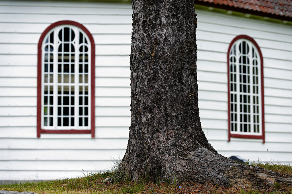 Baum vor Kirchenwand | Utvik, Norwegen - July 21, 2011: Urlaubsreise in Norwegen; Baum vor Kirchenwand - Realisiert mit Pictrs.com