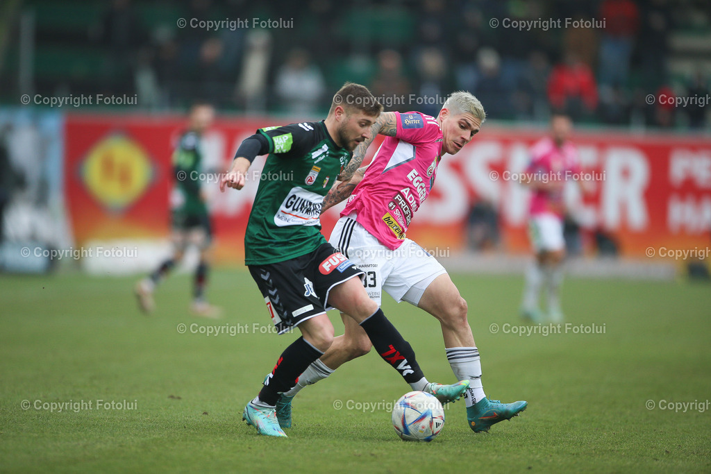 A_LUI_20230212_0022 | SPORT FUSSBALL ADMIRAL BUNDESLIGA SV RIED VS TSV HARTBERG
IM BILD: Roko Jurisic (SV Ried), Dominik Frieser (TSV Hartberg)

FOTO:FOTOLUI/UW