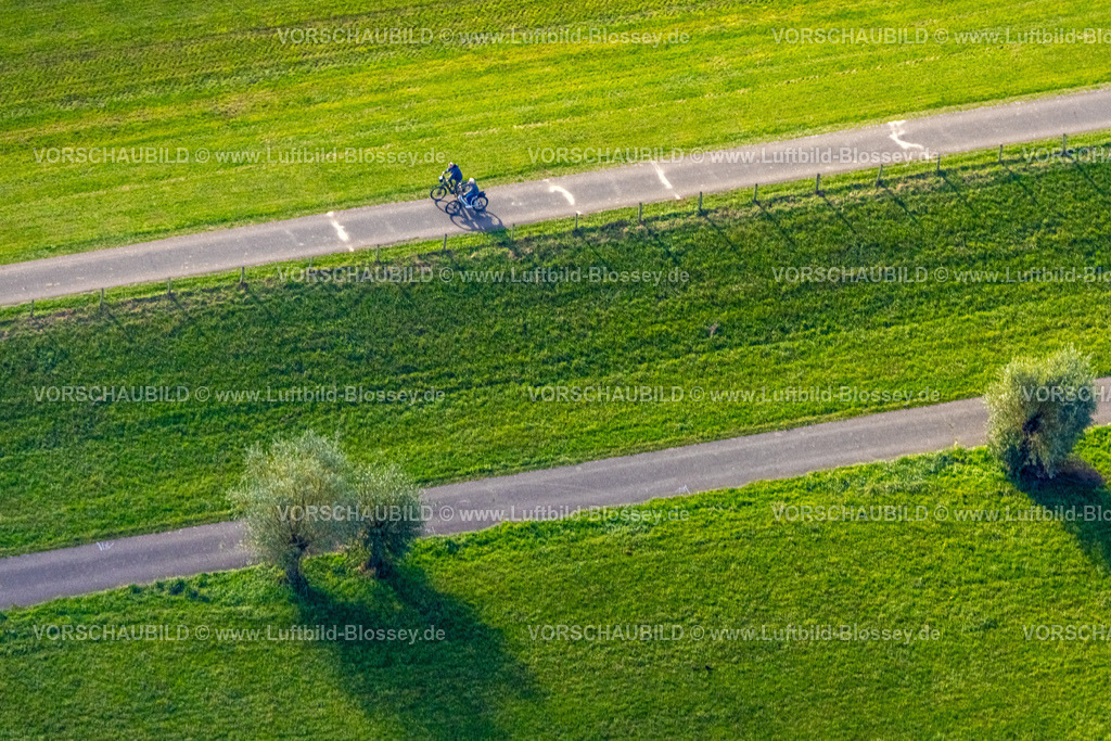 Wesel251004019 | Luftbild, Radweg und Radfahrer im Rheinvorland Perrich, grüne Wiesen und grüne Bäume, Büderich, Wesel, Niederrhein, Nordrhein-Westfalen, Deutschland