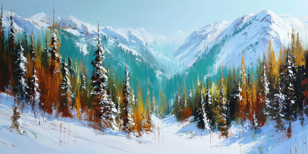 2512005 - Wintergemälde | Alpine verschneite Berglandschaft im Stil eines Gemäldes.