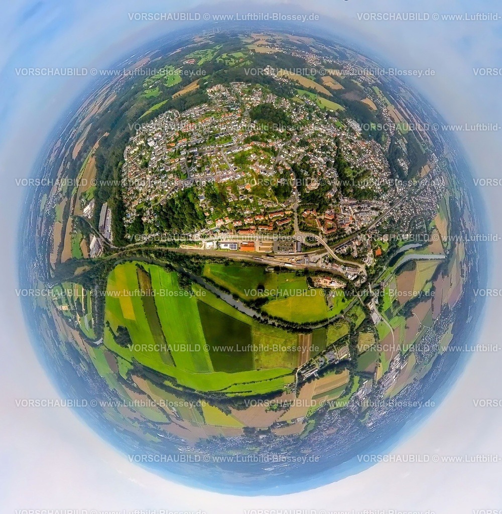 Froendenberg230990114 Mitte | Luftbild, Ortsansicht Fröndenberg-Mitte, Bahnhof, Mendener Straße, Fluss Ruhr und Ruhrbrücke, Erdkugel, Fisheye Aufnahme, Fischaugen Aufnahme, 360 Grad Aufnahme, tiny world, Fröndenberg, Fröndenberg, Ruhrgebiet, Nordrhein-Westfalen, Deutschland