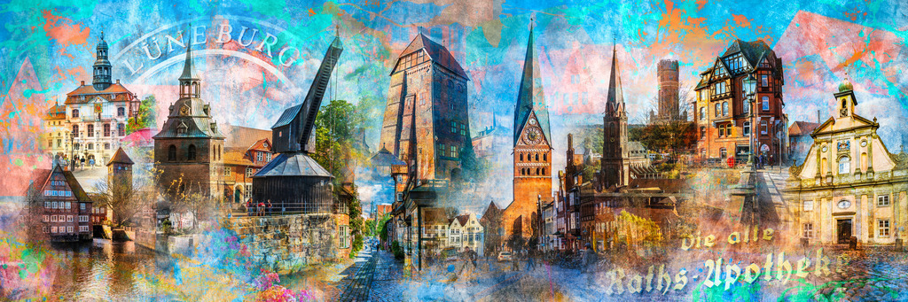 10241003 - Lüneburg Popart Panorama | Moderne Pop Art Panorama Collage mit Motiven der Stadt Lüneburg.
