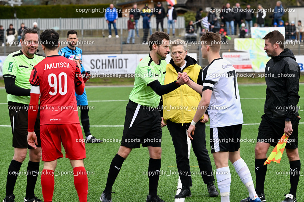 SV Spittal 1921 vs. ATUS Ferlach 24.3.2024 | Leitgeb Martin Referee, #90 Lukas Jaklitsch ATUS Ferlach, Hopfgartner Christoph Referee, Vitebürgermeisterin Spittal Angelika Hinteregger, #7 Ralph Roman Scheer SV Spittal, Hartenberger Jürgen Referee, SV Spittal 1921 vs. ATUS Ferlach 24.3.2024, SV Spittal 1921 vs. ATUS Ferlach am 24.03.2024 in Spittal an der Drau (Goldeck Stadion), Austria, (Photo by Bernd Stefan)