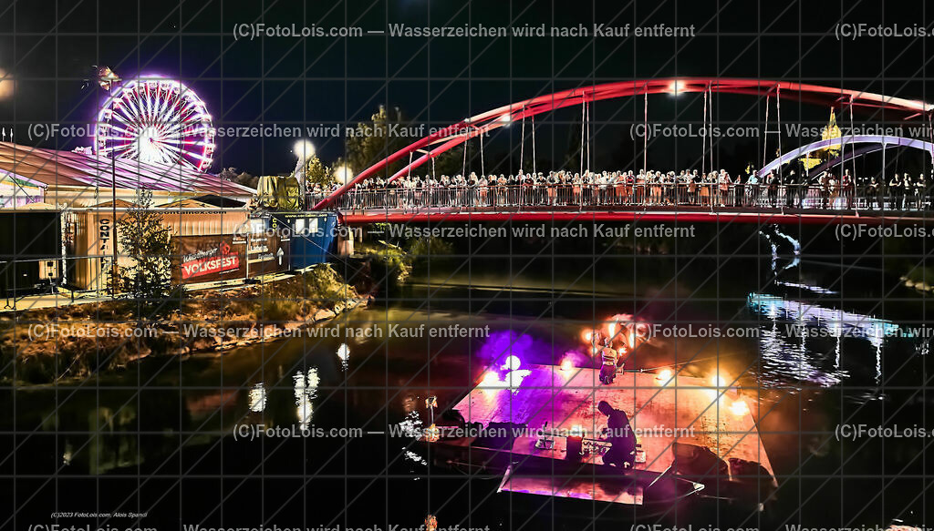 0475_Luftbild_VOLKSFEST-Wlbg_InselFeuer-Show | (C)FotoLois.com, Alois Spandl, Luftbild, Wieselburger VOLKSFEST neu, Feuershow auf der Erlaufinsel unter den Brücken, Do 29. Juni 2023.