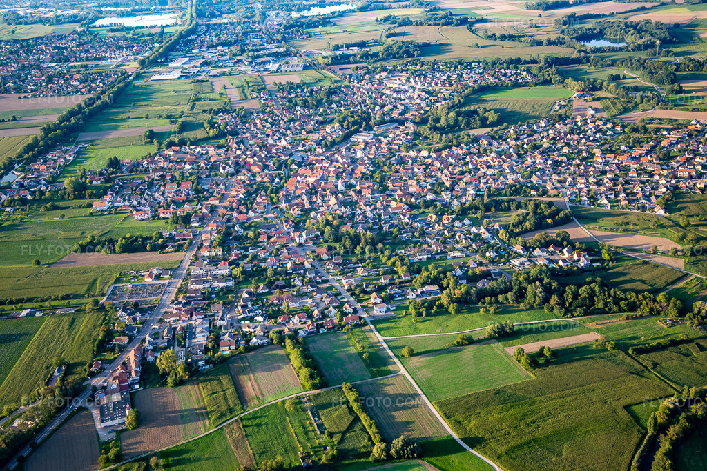 Aerial view: View of the town from the south in Plobsheim in the state Bas-Rhin, France. – Photo: IMG_137881.jpg taken on 08/18/2023 by Werner Riehm/FLY-FOTO.com – Resolution of the original: 5331 x 3554 px