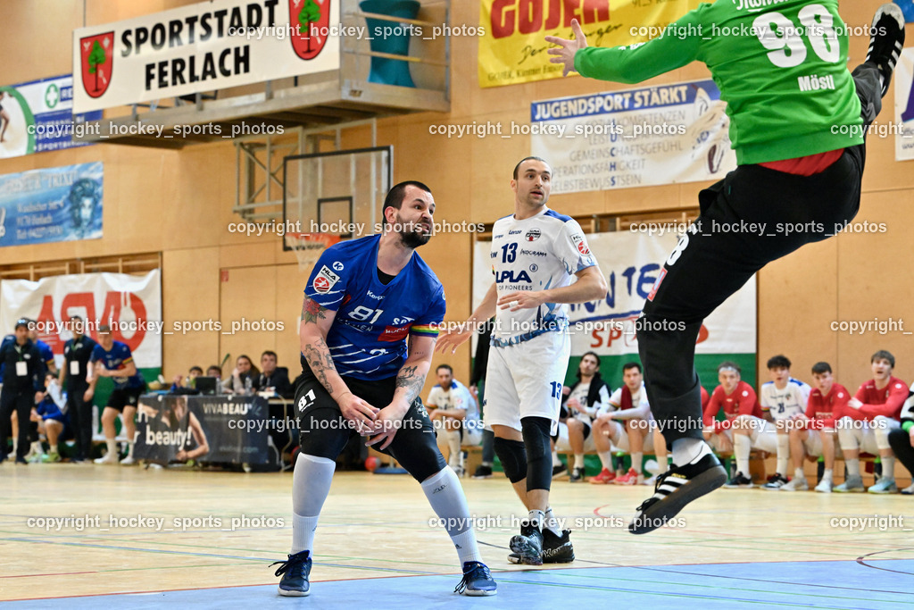 SC Ferlach vs. ALPLA HC Hard 2.3.2024 | #81 MILICEVIC Adrian SC Ferlach, #13 WÜSTNER Frederic HC Hard, #98 MÖSTL Constantin HC Hard, SC Ferlach vs. ALPLA HC Hard 2.3.2024, SC Ferlach vs. ALPLA HC Hard am 02.03.2024 in Ferlach (Ballspielhalle Ferlach), Austria, (Photo by Bernd Stefan)