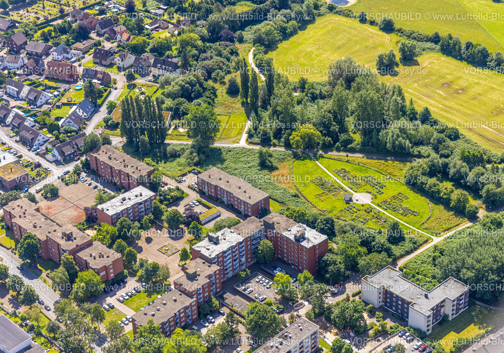 Hamm240705831 | Luftbild, Urbaner Garten Kornmersch, Rheinsberger Platz mit Hochhaussiedlung, Bockum-Hövel, Hamm, Ruhrgebiet, Nordrhein-Westfalen, Deutschland