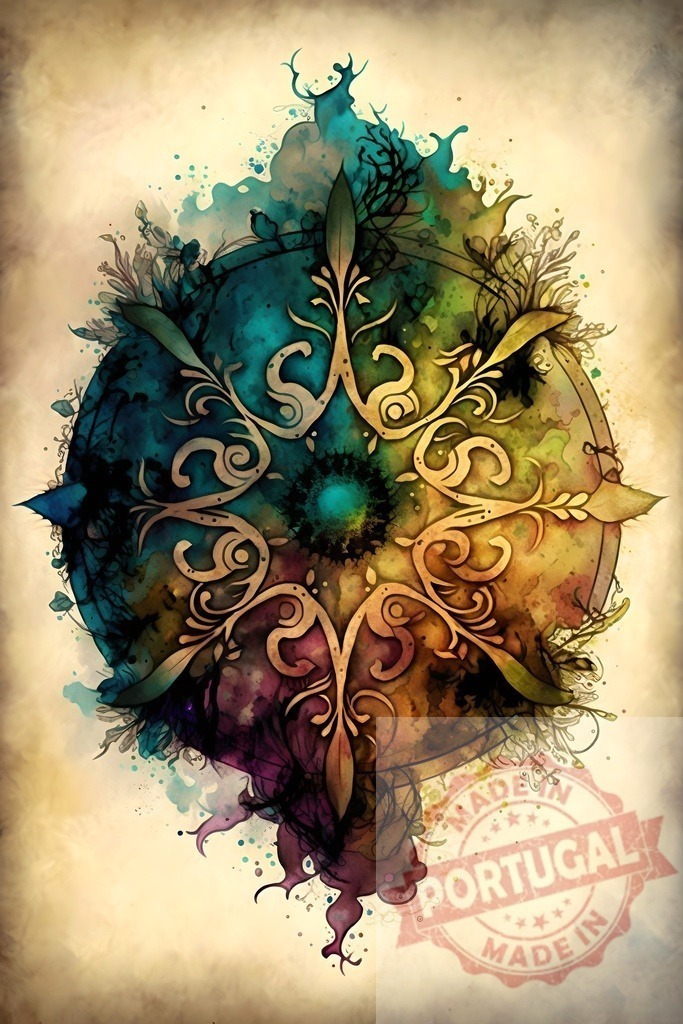 Abstract watercolor celestial mandala compass illustration | Fantasy spiritual abstract compass mandala art in vibrant watercolor textures - Realized with Pictrs.com