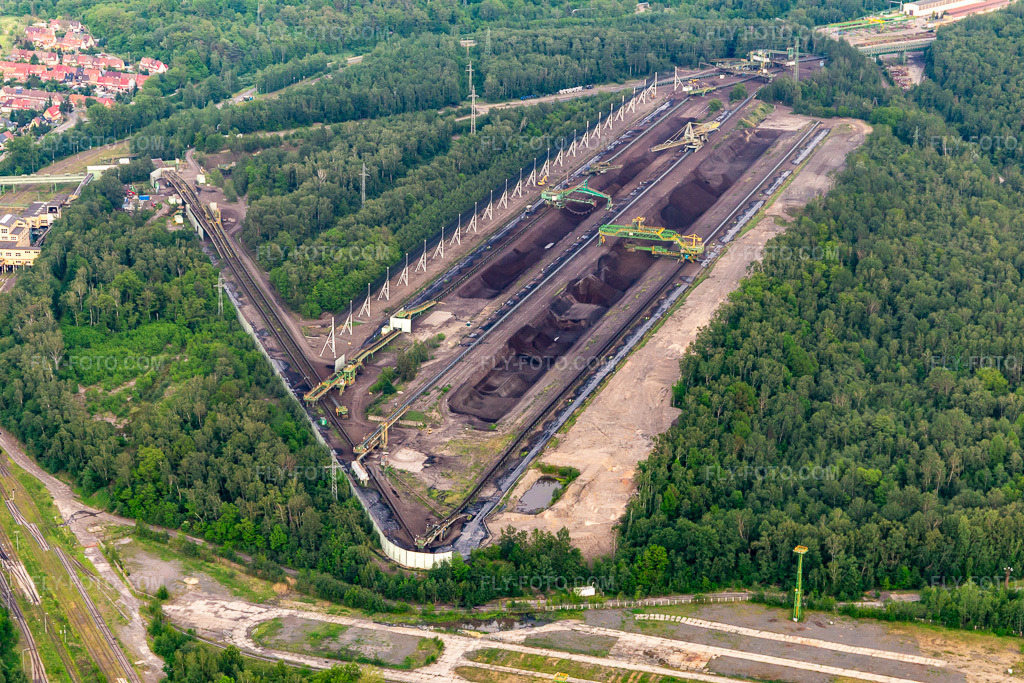 Aerial view: Coal dumps at the open-cast lignite mine 