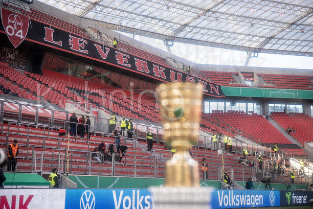 DFB Cup semifinal match Bayer 04 Leverkusen vs. FC Bayern Munich, 22.04.2026 | LEVERKUSEN, GERMANY - APRIL 22, 2026: The DFB Cup in front of a Leverkusen banner before the German DFB Cup semifinal match between Bayer 04 Leverkusen vs. FC Bayern Munich at BayArena on April 22, 2026 in Leverkusen, Germany. DFL REGULATIONS PROHIBIT ANY USE OF PHOTOGRAPHS AS IMAGE SEQUENCES AND/OR QUASI-VIDEO.