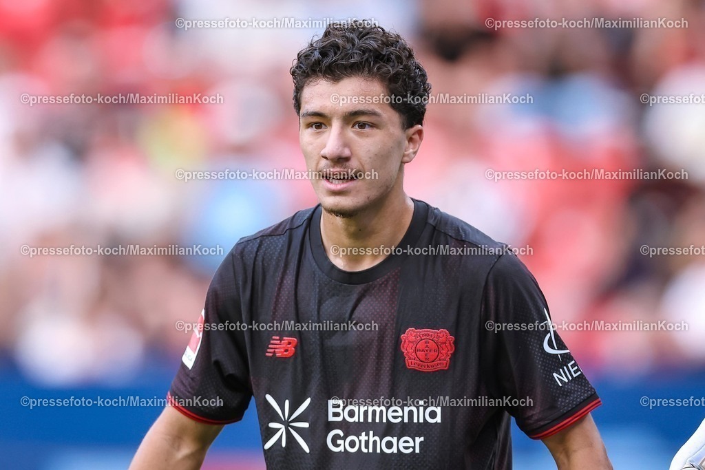 B0405082501077 | 05.08.2025, Fußball, Bayer 04 Leverkusen - Pisa Sporting Club, Testspiel, Saisoneröffnung in der BayArena, Saison 2025 2026: Ibrahim Maza (Bayer04 #30)  DFB regulations prohibit any use of photographs as image sequences and or quasi-video.