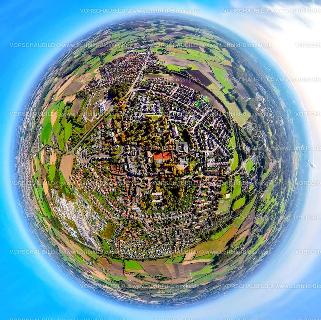 Selm241190508Bork | Luftbild, Wohngebiet Ortsansicht Bork, Erdkugel, Fisheye Aufnahme, Fischaugen Aufnahme, 360 Grad Aufnahme, tiny world, little planet, fisheye Bild, Bork, Selm, Ruhrgebiet, Nordrhein-Westfalen, Deutschland