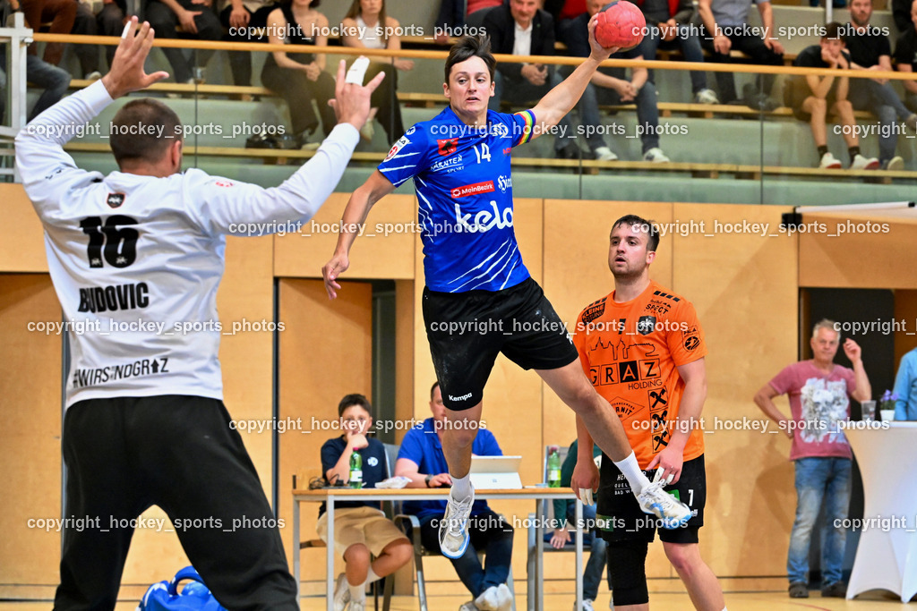 SC Ferlach vs. HSG Holding Graz | #16 BUDOVIC Jovo HSG Graz, #14 Rath Mathias SC Ferlach, #7 Galina Matej HSG Graz, SC Ferlach vs. HSG Holding Graz, SC Ferlach vs. HSG Holding Graz am 24.05.2025 in Ferlach (Ballspielhalle Ferlach), Austria, (Photo by Bernd Stefan)