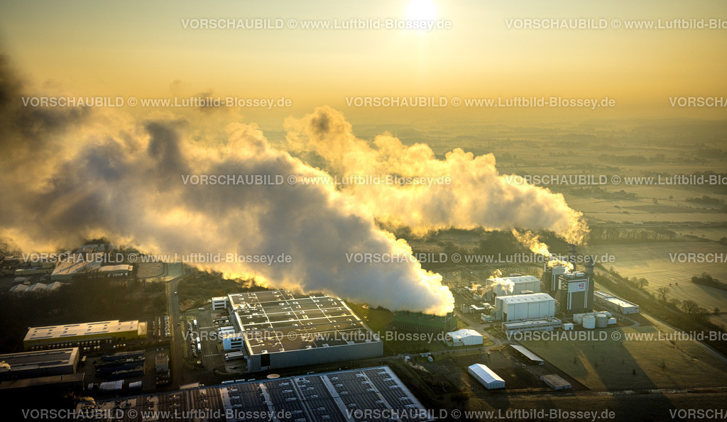 Hamm250200099Uentrop | Luftbild, Trianel Gaskraftwerk GuD Hamm Stromversorgungsunternehmen mit Rauchwolken im Gegenlicht, Uentrop, Picnic Werkshalle mit Solardach, Hamm, Ruhrgebiet, Nordrhein-Westfalen, Deutschland