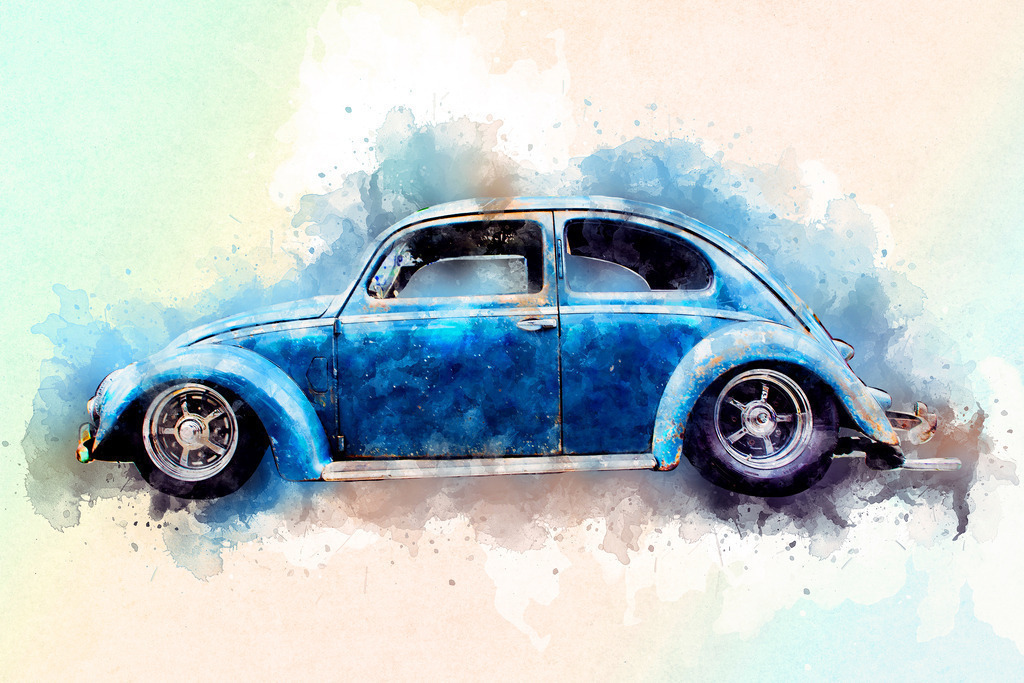 Blauer Beetle Bugster | In sanften Blautönen erstrahlt das im Wasserfarben-Stil gehaltene Motive eines VW Beetle Bugster. Es stellt eine digitale Hommage an die legendäre Ikone von VW dar. Ein hochwertiges Wandbild in brillanter Druckqualität auf Acrylglas, Alu-Dibond, Leinwand und vielen weiteren Wandprodukten perfekte geeignet für Ihr Ambiente. - Realisiert mit Pictrs.com